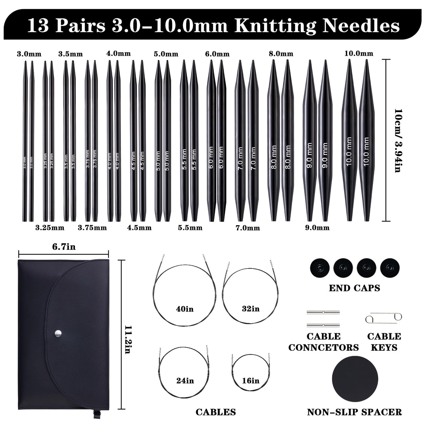 Peiouly 13 Pairs Interchangeable Circular Knitting Needles Set, 3.94 inch(10cm) Aluminum Knitting Needle Set, 3-10mm Interchangeable Knitting Needles, Cables, Accessories and Case