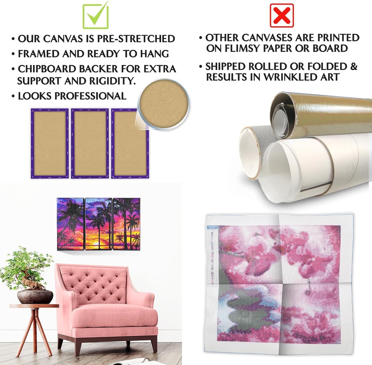 ArtSkills Diamond Painting Kit, Diamond Art Ready to Hang Framed Canvas with Storage and Accessory Kit, Highland Cow, 3 Stretched Canvas Panels, 14” x 7” Each