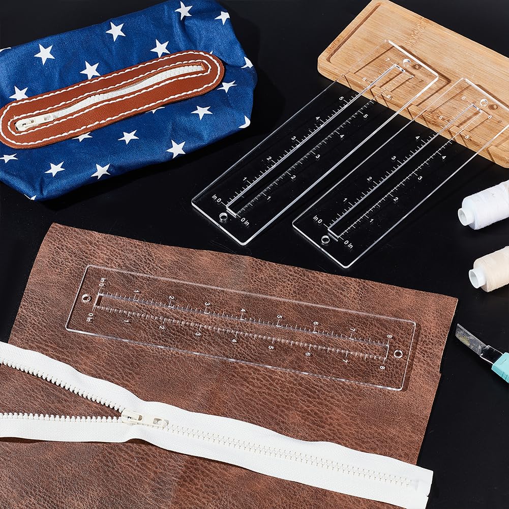 PH PandaHall 6pcs 3 Sizes Zipper Making Template Set, Clear Patchwork Ruler Sewing Tools, Acrylic Zip Pocket Templates for Leather Lace-in Boot Inserts, Bag DIY Crafts