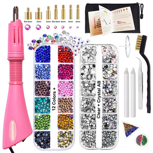 esseelove Hotfix Applicator, DIY Hot Fix Rhinestone Setter, Hot Fixed Wand Kit, 4536 Pcs, AB, Clear, 12 Colors, Gem Picker, Brush, Trays, Bag, Bedazzler Kit with Rhinestones