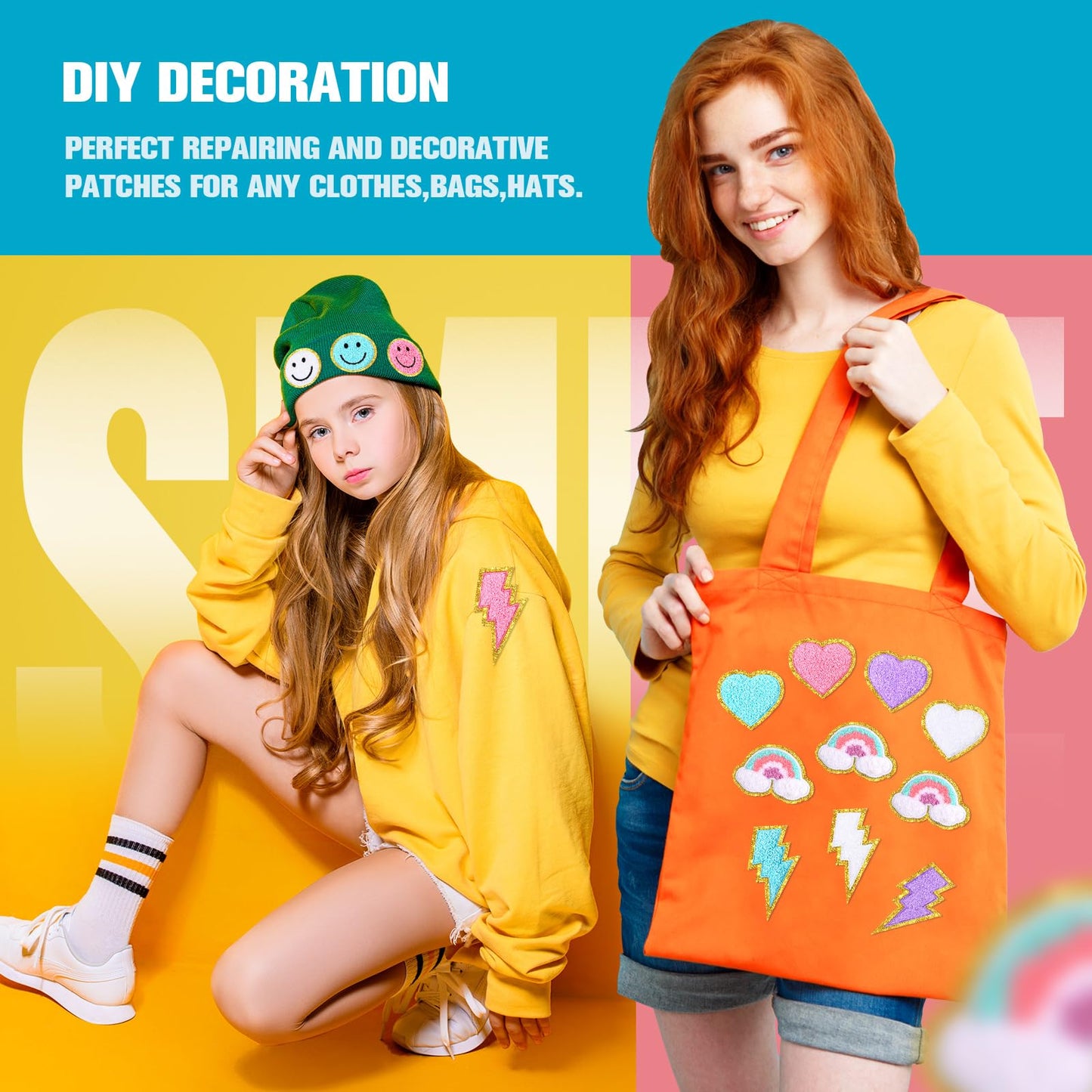 Hanaive 80 Pcs Chenille Letter Patches Self Adhesive Iron on Patch 3D Cute Embroidered Rainbow Smile Face Heart Applique Sewing Badges Patch for Fabric Clothing Jacket DIY(Soft Color,Cute)