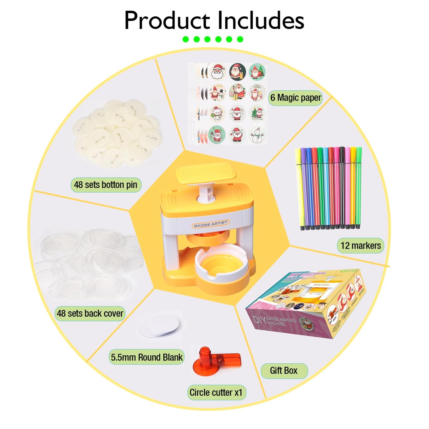 Badge Maker for Kids, 55 mm (2.16 inch) DIY Pin Button Maker Press Machine Badge Punch Kit with 48 pcs Button Parts Pictures Circle Cutter Present Installation-Free
