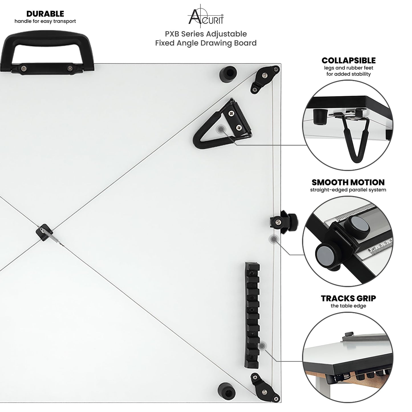 Acurit PXB 23” x 31” Drawing Board for Artists and Designers - Portable Workspace for Drawing, Sketching, Drafting, Painting - Fixed Angled Laminated Surface with Ruler and Parallel Motion Bar