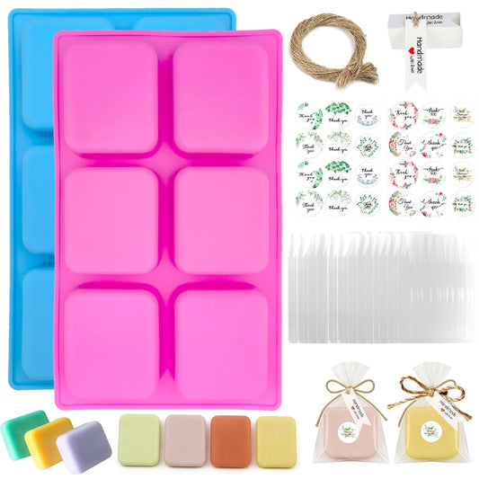 Soap Making Kit with 2 Silicone Molds, 48 Thank You Stickers, 48pcs Gift Tags, 48pcs Bags and 65ft Twine, DIY Handmade Soap Crafting Set for Beginners and Professionals