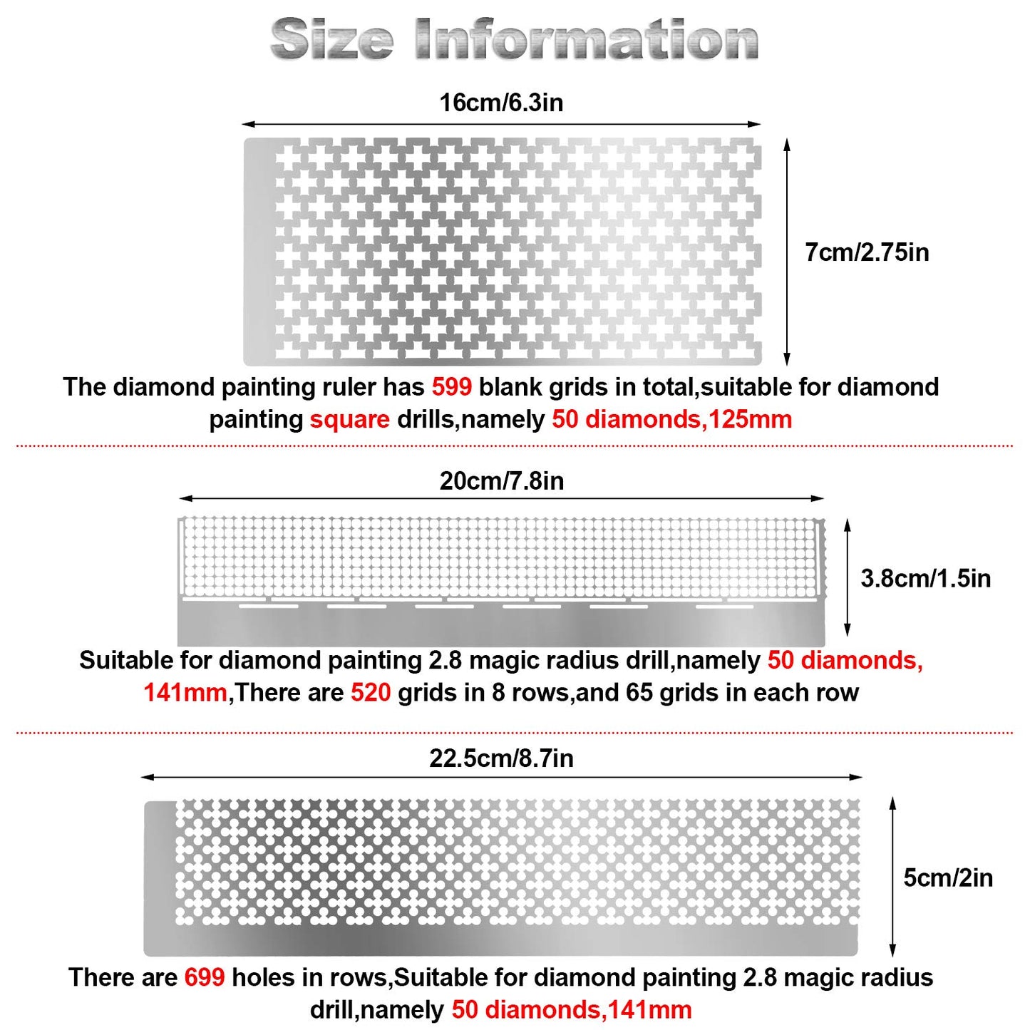 WILLBOND 3 Pieces Diamond Painting Ruler Stainless Steel Mesh Ruler 520 599 699 Blank Grids with 2 Pieces Fix Tool for 5d DIY Diamond Painting Supplies Art Crafts