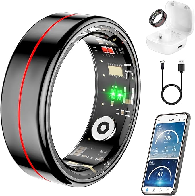 Fit Ring, Smart Health Rings for Women Men with Heart Rate,Blood Oxygen,HRV,Stress Level, Sleep Monitor, Step Tracker, No Subscription Fee, IP68 Waterproof Smart Ring for iphone &Android (Black, 9#)
