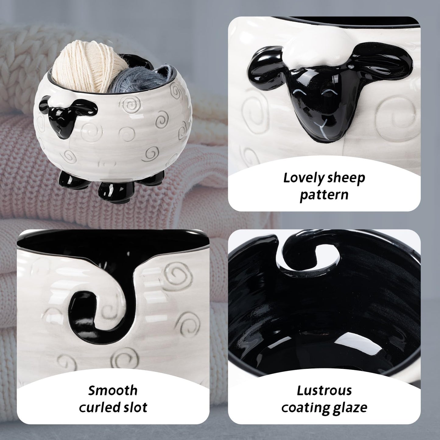 Surlama Yarn Bowl for Crochet Large Sheep Shaped Ceramic Yarn Holder Crochet Bowl Knitting Bowl, 6 Inch Wide x 4 Inch High
