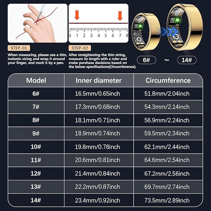Health Tracker Ring, Smart Health Ring for Women Men with Heart Rate, Blood Oxygen, Sleep Monitor, Steps,Calories, No Subscription Fee, IP68 Waterproof Smart Ring for iPhone & Android (Gold, 11#)