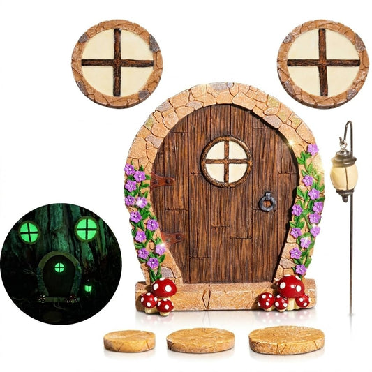 Simple Creativity Fairy Door for Wall and Trees Outdoor with Light, Glow in The Dark, Gnome Desk Art Sculpture Decoration for Classroom, Kids Room, Miniature Fairy Garden Outside Decor Accessories