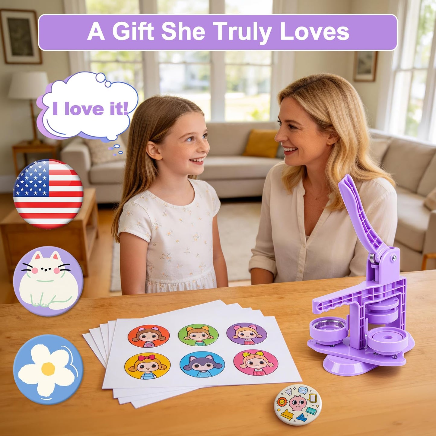 Happizza Button Maker Machine 58mm/2.25in, Pin Maker Machine Kit with 30 Buton Parts, DlY Badge Maker, Purple Button Press Machine, Perfect Beginner Experience Kit, Ideal for School, Parties, Events