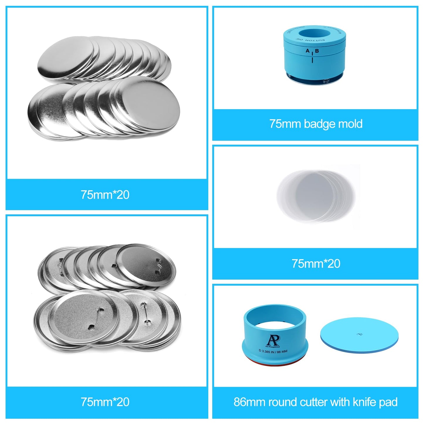 75mm 3" Button Maker Kit – Badge Making Supplies with Metal Plastic Mold Set, 86mm Circle Cutter & Pad, 20 Tin Badge Blanks for Button Press Machine | Press Not Included