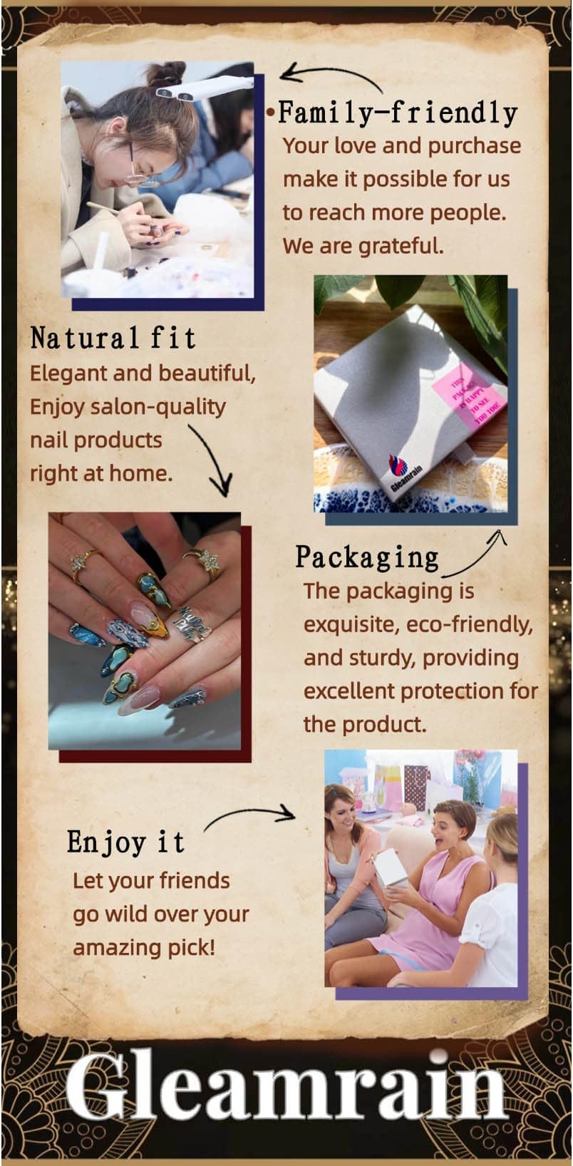 Gleamrain 10pcs Handmade Long Press-on Nails Coffin Shape (M Size) with 3D Flower Designs Nude French Nails Press Ons for Women Suitable for Vacation, Beach Proms, Parties or Daily Wear, D107