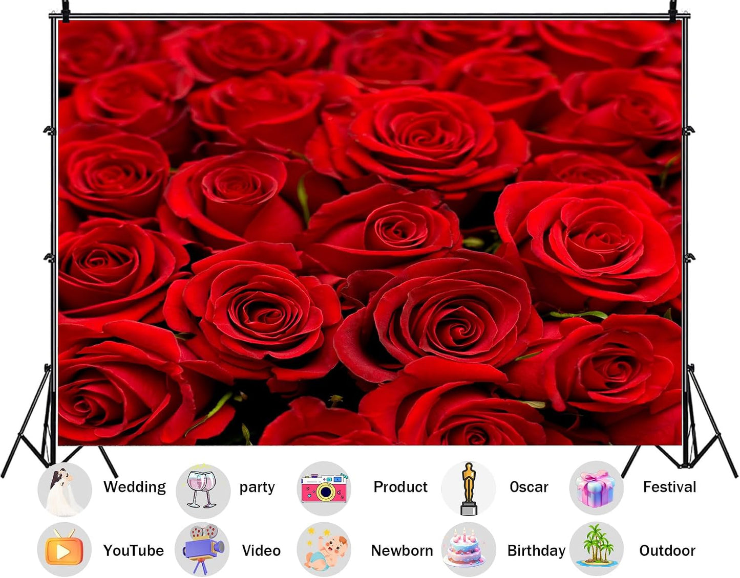 SHDASMIL 8X5ft Bright Red Roses Close Up Backdrop Fresh Floral Bouquet Background for Valentines Day Wedding Party