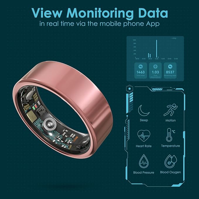 Smart Ring Health Monitoring 5ATM Waterproof Fitness Tracker with Glossy Titanium Surface Blood Oxygen/Sleep/Stress Tracking Women?™s Cycle Prediction Sport Ring Compatible with iOS/Android Gold 12