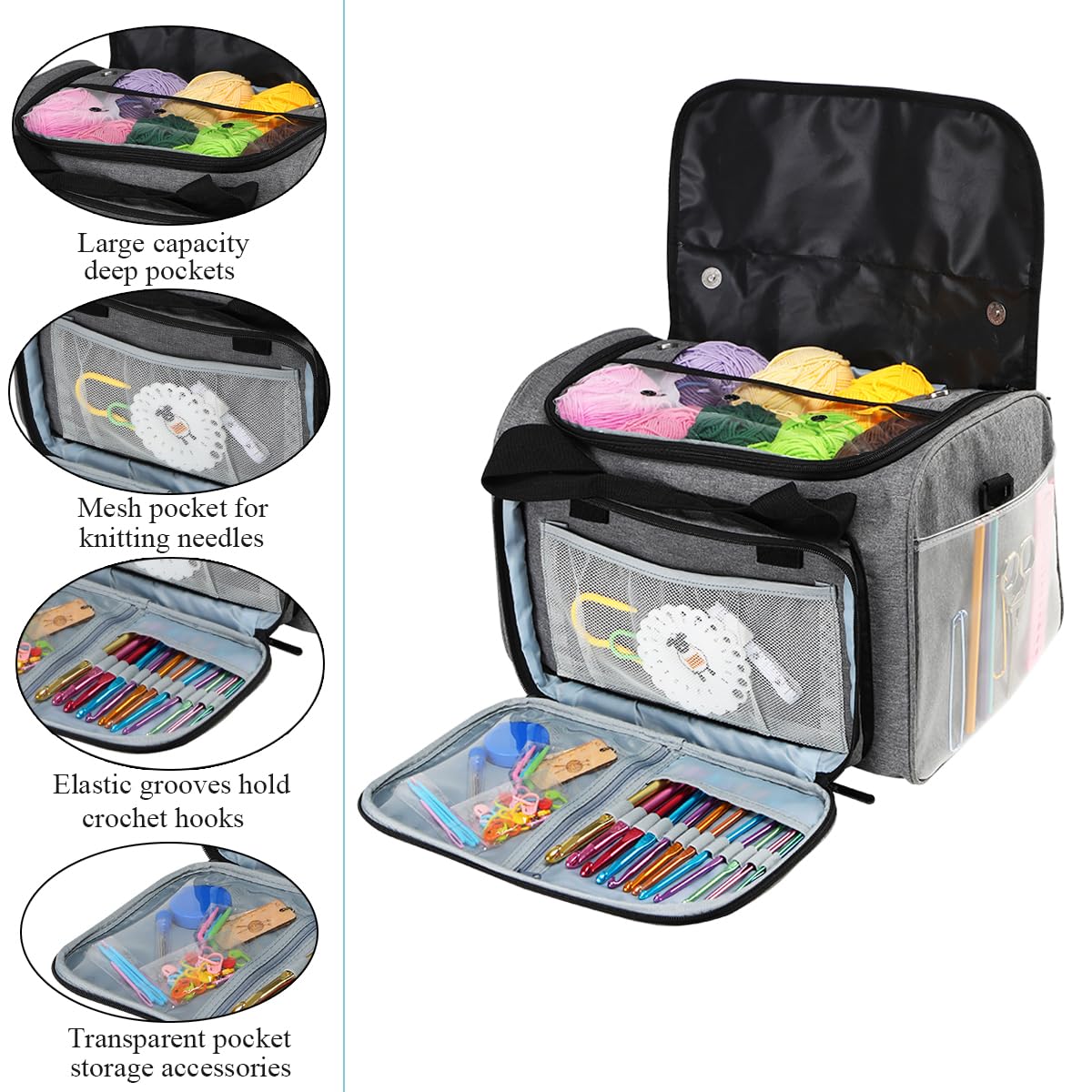 Weabetfu Large Crochet Bag Knitting Bags and Totes Organizer Huge Yarn Bag Storage for Crocheting Knitter,Crochet Hooks,Knitting Needles Kit,Supplies,Yarn - Ideal Crochet & Knitting Gift(Grey)