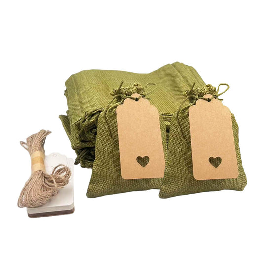 30pcs 4x6 Inch Army Green Burlap Favor Bags with Drawstring, Small Rustic Gift Bags with 15 White & 15 Kraft Tags and 10m Jute String, Ideal Jewelry Bags, Candy Bags for Party Favors (Army Green, 4x6 Inch)