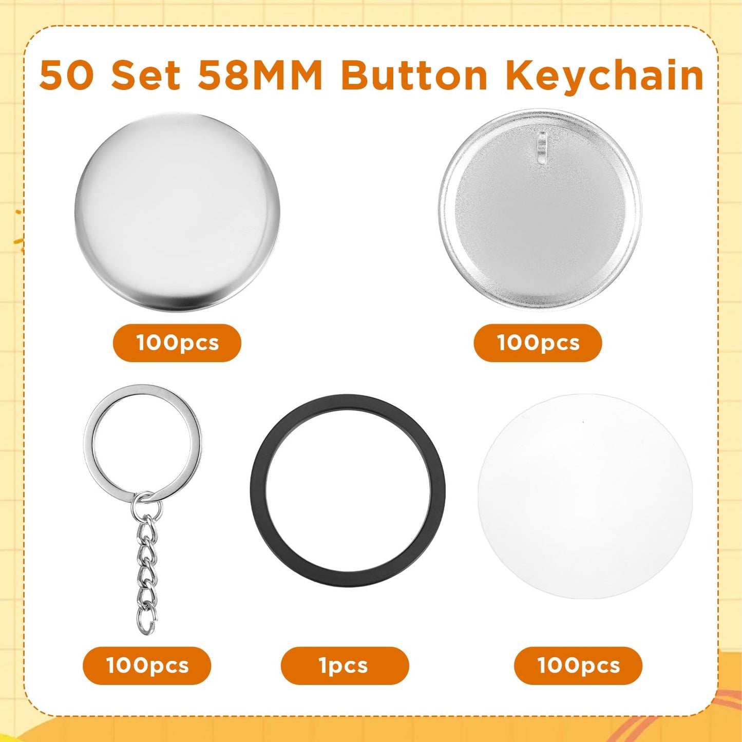 100 Sets Button Maker Keychains Supplies 58mm/2.25 inch Button Making Supplies for Metal Buttons Keychain Maker Machine with Shell Back Cover Film Chain Head
