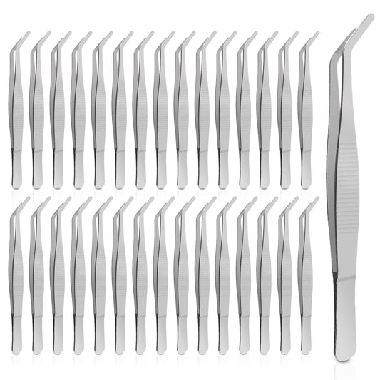 30PCS Thickened Stainless Steel Tweezers with Curved Serrated Tip, 6.3×0.4in Multipurpose Tweezers for Crafting, Craft Sewing, Garden Work and Feeding Small Animals, Non-Slipping Hand Tools (Sliver)