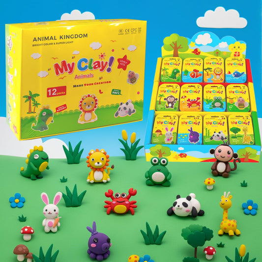 Air Dry Clay Kit, 12 Animals Kingdom Modeling Clay for Kids, DIY Model Magic Clay with Tools&Idea Cards, Soft&Non-Sticky, Safe&Non-Toxic Magic Clays, Creatible Art Crafts Toys Gifts for Boys Girls