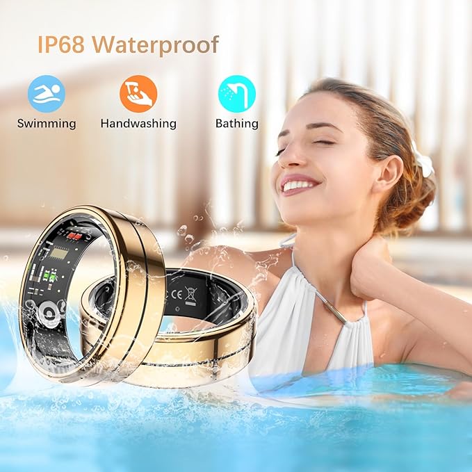 Fit Ring, Smart Health Rings for Women Men with Heart Rate,Blood Oxygen,HRV,Stress Level, Sleep Monitor, Step Tracker, No Subscription Fee, IP68 Waterproof Smart Ring for iphone &Android (Gold, 7#)