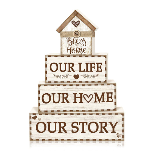 4 Pcs Rustic Farmhouse Decor Wooden Tiered Tray Decor, Rustic Family Table Decorations Our Life Story Stack Block Sign Neutral Home Tabletop Centerpieces for Kitchen Shelf Entryway Coffee Desk
