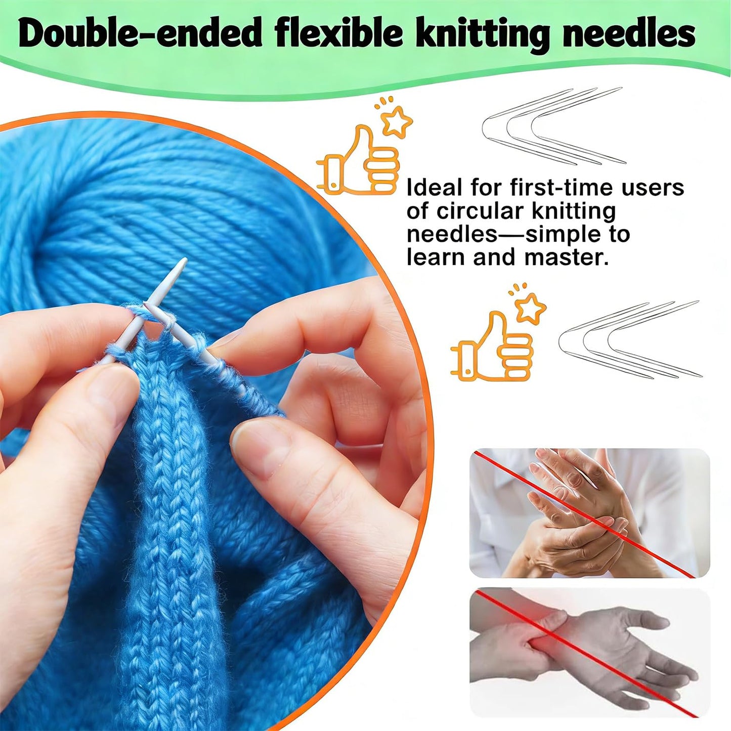 18 Pcs Stainless Steel Circular Knitting Needles Set, Crazy Trio Style Sock Knitting Needles for Hats & Gloves, Sizes 2–4.5 mm, Complete Crochet & Knitting Set for Beginners