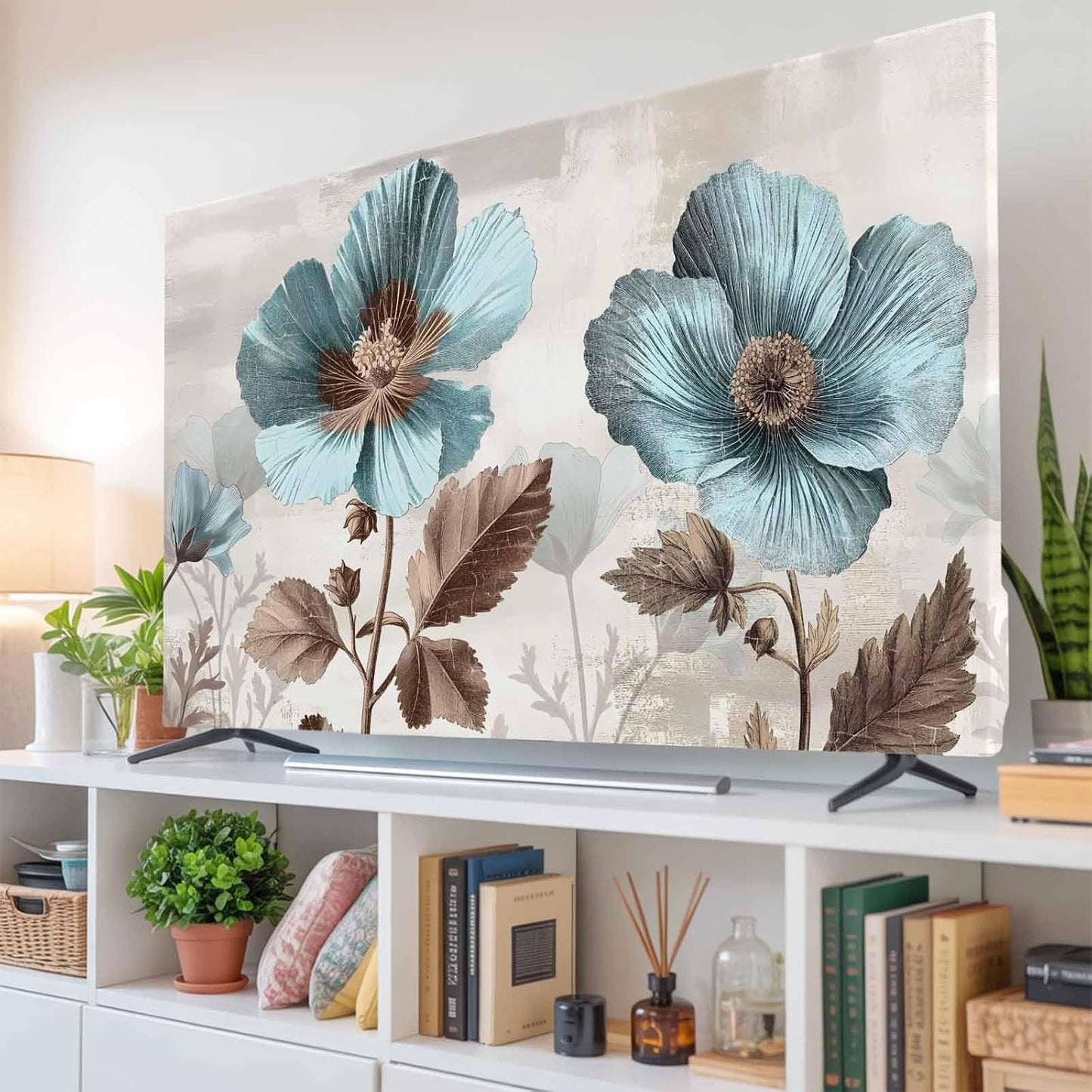 Yukro 75 Inch, 65"x37" Blue Broccoli Indoor TV Dust Cover, Farmhouse Rustic Floral Retro Victorian Style Elastic TV