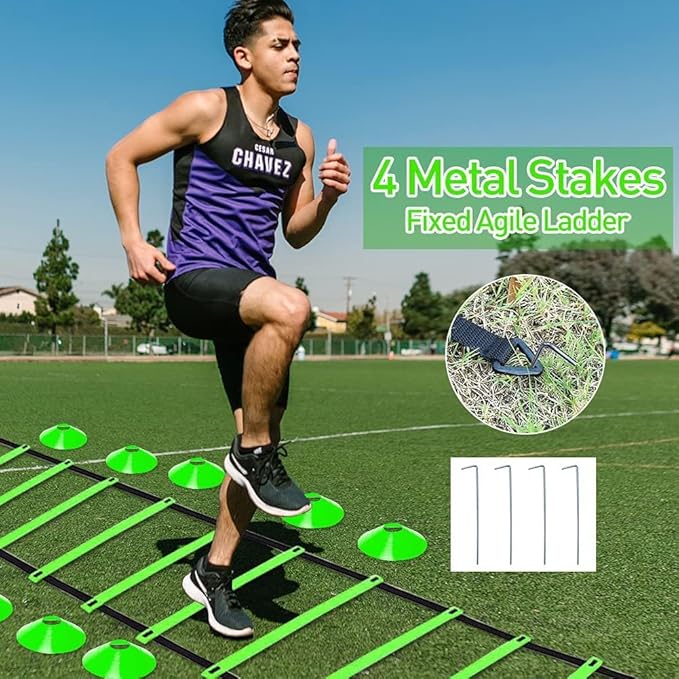 Pro Speed & Agility Training Set—Includes 12 Rung 20ft Adjustable Agility Ladder with Carrying Bag, 12 Disc Cones, 4 Steel Stakes, 1 Resistance Parachute, Use Equipment to Improve Footwork Any Sport