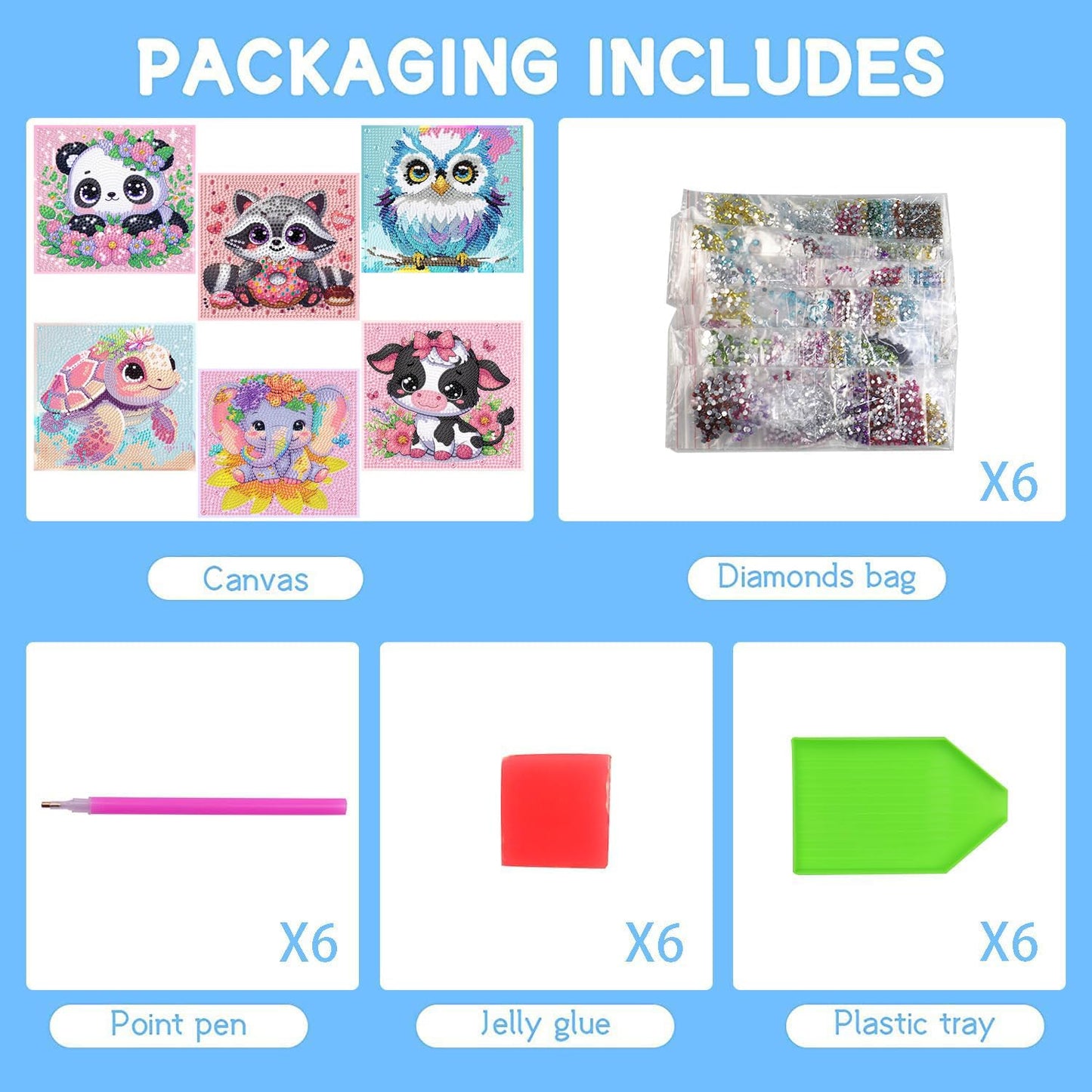 GQYCZZ 6 Pack 5D Diamond Painting Kits for Kids Beginners, Full Drill Cute Animals Diamond Art Kits, DIY Big Gem Art for Children Ages 6-7-8-9-12, Home Wall Decor 6x6 Inch
