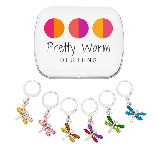 Pretty Warm Designs Colorful Dragonfly Locking Stitch Markers - Spring Garden Nature Yarn Accessories for Knitters and Crocheters - Set of 6 Handcrafted Pieces in Hinged Storage Case