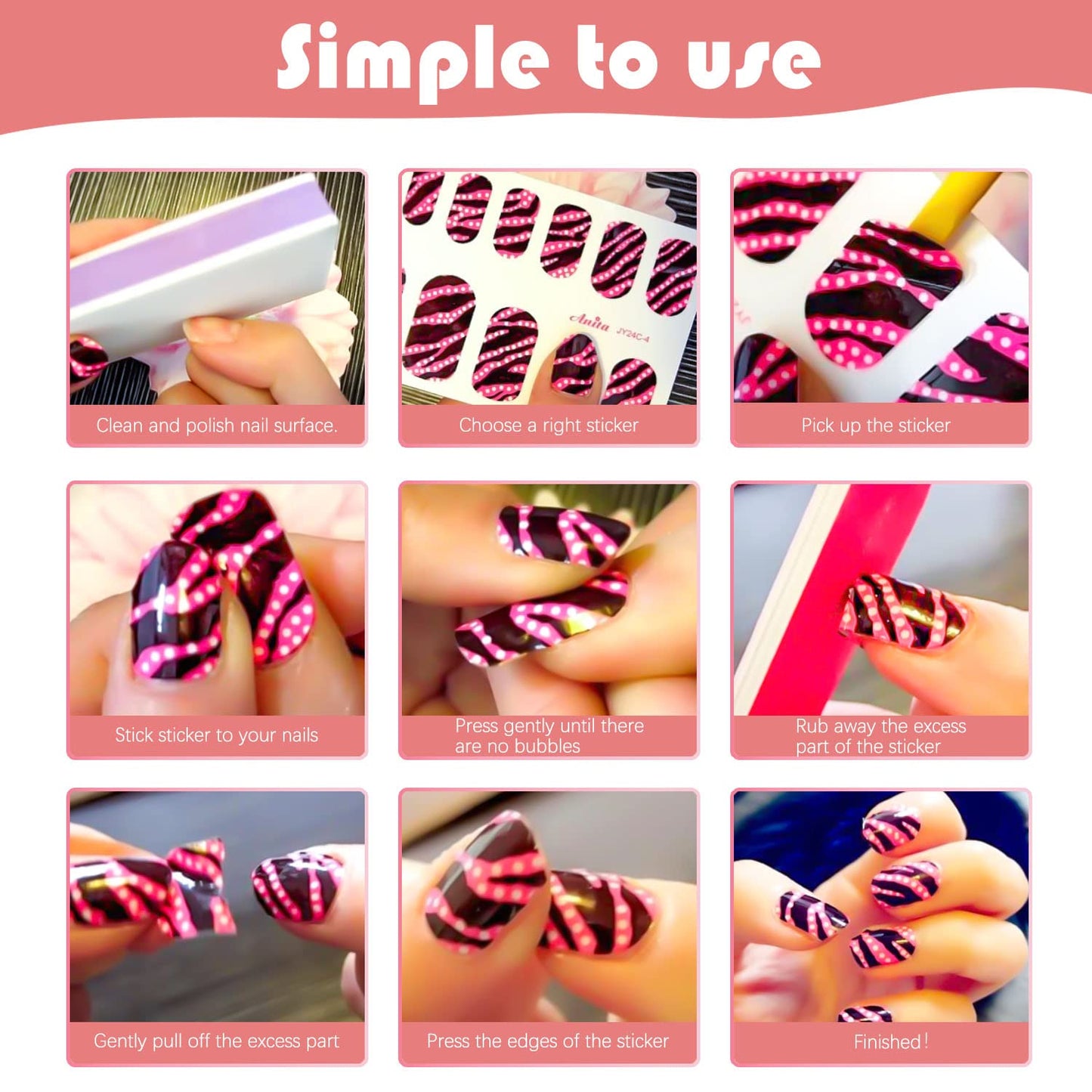 DANNEASY 24 Sheets Nail Polish Stickers - Light Color Full Nail Wraps Stick on Nail Polish Strips Gel Nail Strips Self Adhesive Manicure Fingernail Sticker Nails for Women with File, Cuticle Stick