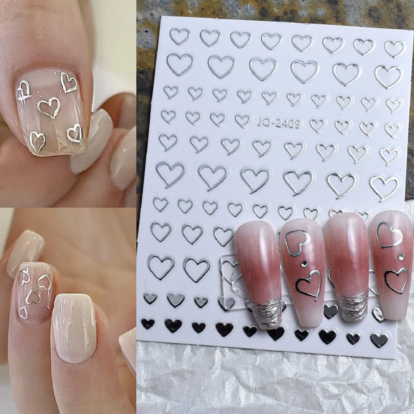 6Sheets Heart Star Nail Art Stickers 3D French Silver Glitter Nail Decals Designer Nail Supplies Metallic Silver Star Love Hearts Nail Designs Sticker for Women DIY Nail Decorations Accessories Crafts