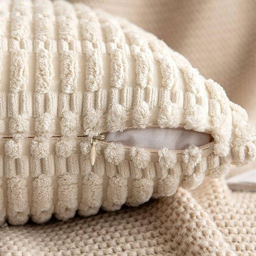 MIULEE Corduroy Throw Pillow Covers - Soft Boho Striped Design | 12x12 Inch Cream White Decor for Sofa & Bed