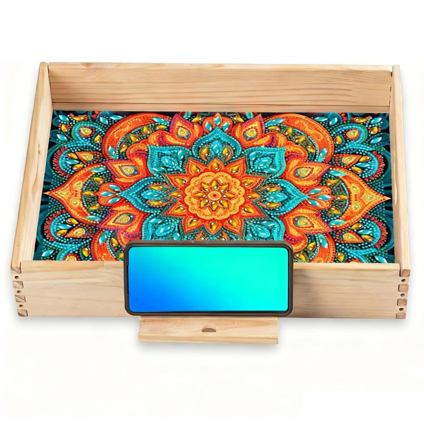 EWJRNSF Diamond Art Kits for Adults Wooden Serving Trays with Handles, 5D Diamond Painting Big Gem Arts and Craft Gifts Trays with Phone Holder Decor Gift Home Decor 12.2x16.1 Inches Mandala