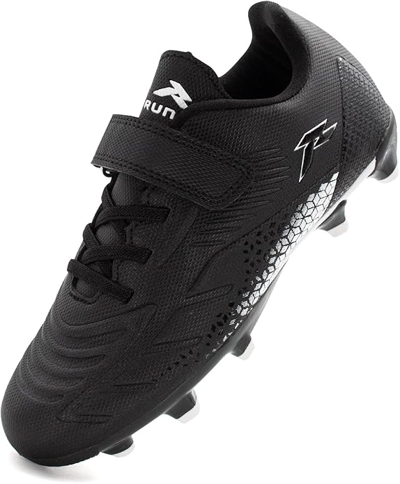 RUNIC Kids Soccer Cleats for Boys and Girls - Small and Big Kid Athletic Outdoor Football Shoes - Firm Ground - Hook and Loop Closure - Black/Gold