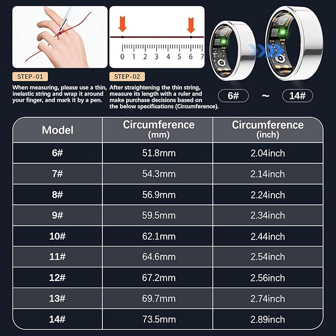 Smart Health Ring for Women Men, Fitness Tracker Ring with Heart Rate, Blood Oxygen, Sleep Tracker, Step Tracker, No Subscription Fee, IP68 Waterproof Smart Ring for iPhone & Android (Silver, 7#)