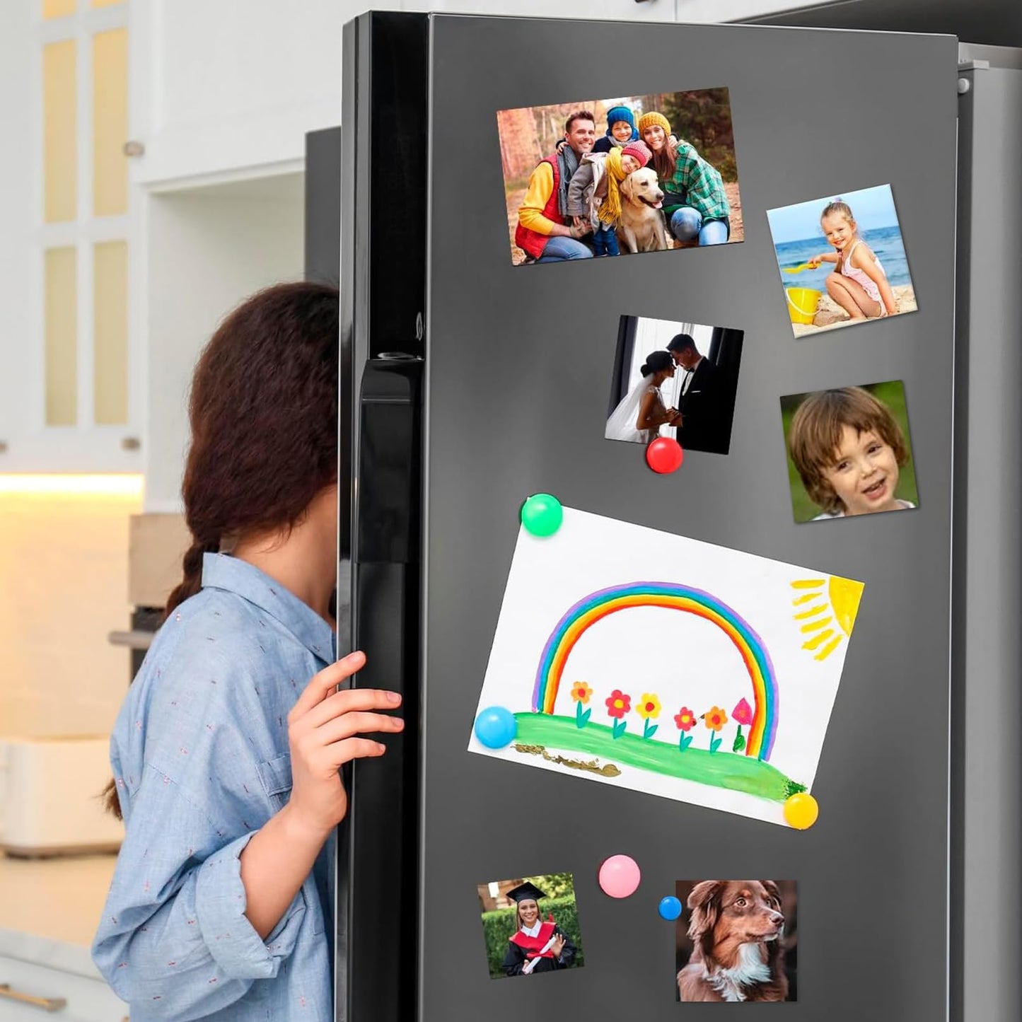 2x2 in Square Photo Fridge Magnet Maker Machine with Picture Cutter, DIY Custom Badge Maker, Includes 100 Sheets of Photo Paper+100 Sets of Consumables