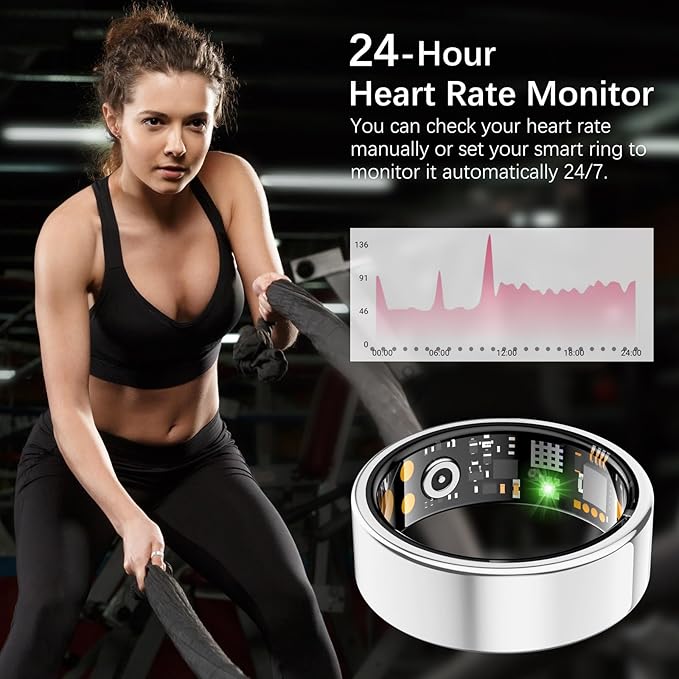 Ring Health Tracker for Women Men, Fit Ring with Heart Rate, Blood Oxygen, Sleep Monitor, Calories, Step Counter, IP68 Waterproof Smart Ring for iPhone & Android, No Subscription Fee (Silver, 12#)