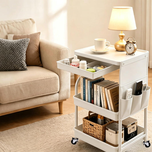 3 Tier Rolling Cart with Wheels and Drawers,Utility Storage Organizer Cart with Fabric Bag & Silent Casters for Nail Art, Makeup, Book, Nursery, Dorm Room Essentials and Kitchen, White