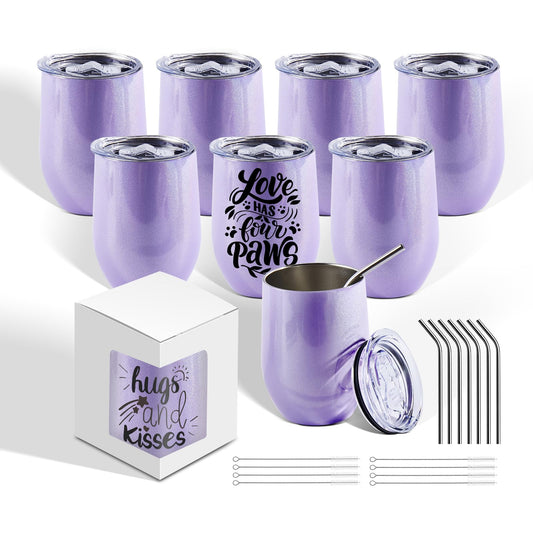 BetterSub 8 Pack 12oz Glitter Purple Wine Tumblers - Double Wall Insulated Sublimation Blanks, Stainless Steel Cups With Lid, Glitte,Metal Straw, Brush, Display Box (Glitter Purple)