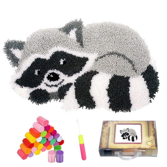 ALI2 1 Set Latch Hook Rug Kit for Beginners, 20.5 x 15 DIY Yarn Rug Making Kit Colorful Raccoon Pre-Printed Canvas Cross Stitch Latch Hooking Craft Carpet for Home Decor