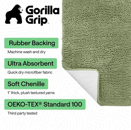 GORILLA GRIP Bath Rug Mat - Soft Absorbent Chenille | Quick Dry Microfiber, 48x17, Sage Green