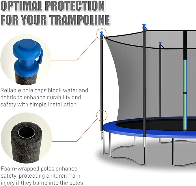 1PCS Trampoline Pole Replacement, Trampoline Enclosure Pole Fits 8-16FT Straight Pole Trampoline Frame, Reliable Trampoline Accessories Includes Foam Sleeve & Pole Caps for 2 Install Ways