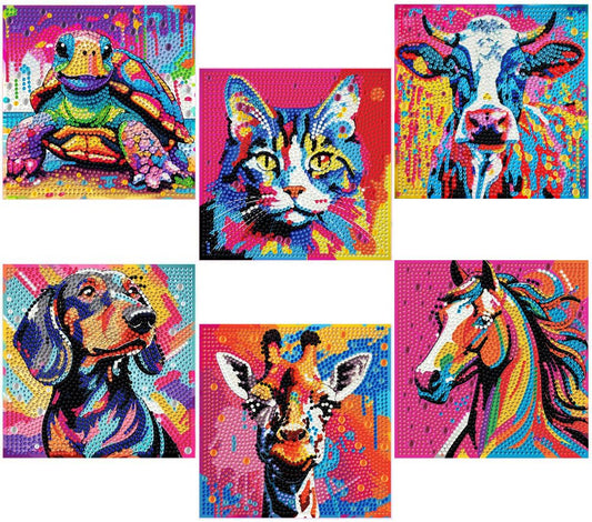 MXCFZX 6 Pack 5D Cartoon cat Diamond Painting Kits for Kids Beginners,Cute Animals DIY Horse Diamond Art Kit for Kids,Easy Full Round Drill Big Gem Art for Kid,Home Wall Decoration 6X6 inch