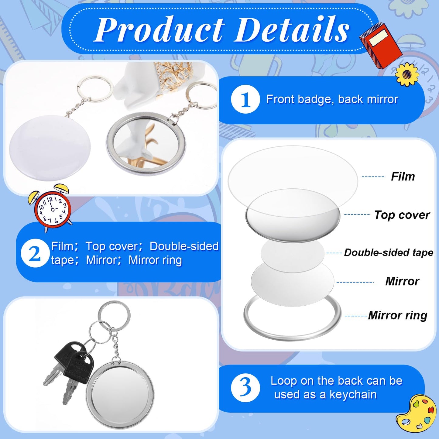 Tondiamo 100 Sets 58 mm/ 2.25 Inch Button Maker Keychains Supplies Metal Button Badge Sets Including Metal Shell, Plastic Film, Backing Parts, Keychain for Maker Machine DIY Gifts (Mirror)