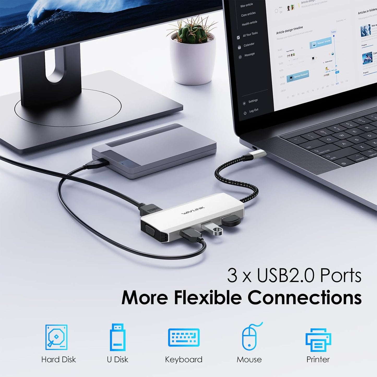 WAVLINK HDMI,DP,VGA,3* USB-A2.0 USB C Docking Station, Docking Station Quad Monitors with Dual for Wireless