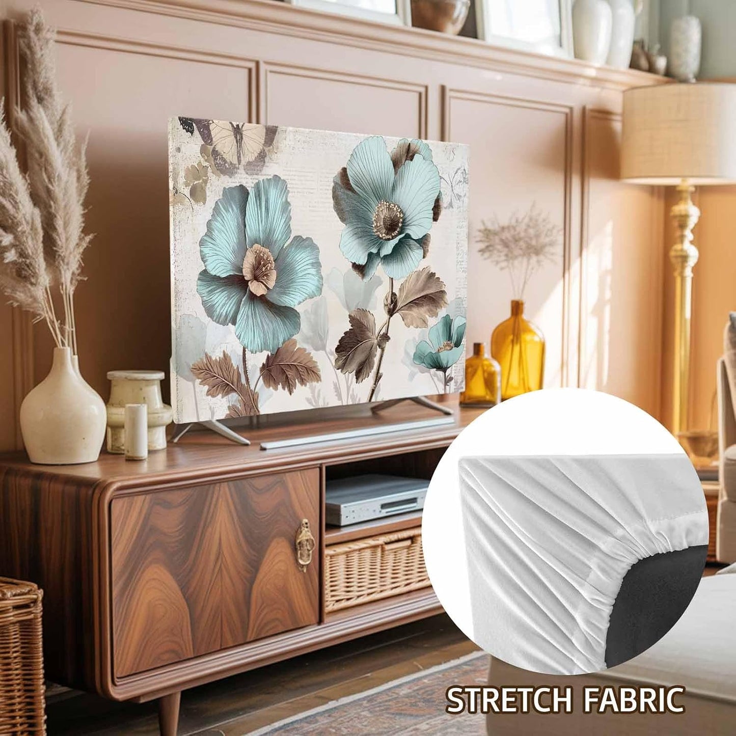 Singingin 65 Inch, Victorian Style Broccoli Butterfly TV Dust Cover Blue Flowers Plant Computer Monitor Cover Dustproof