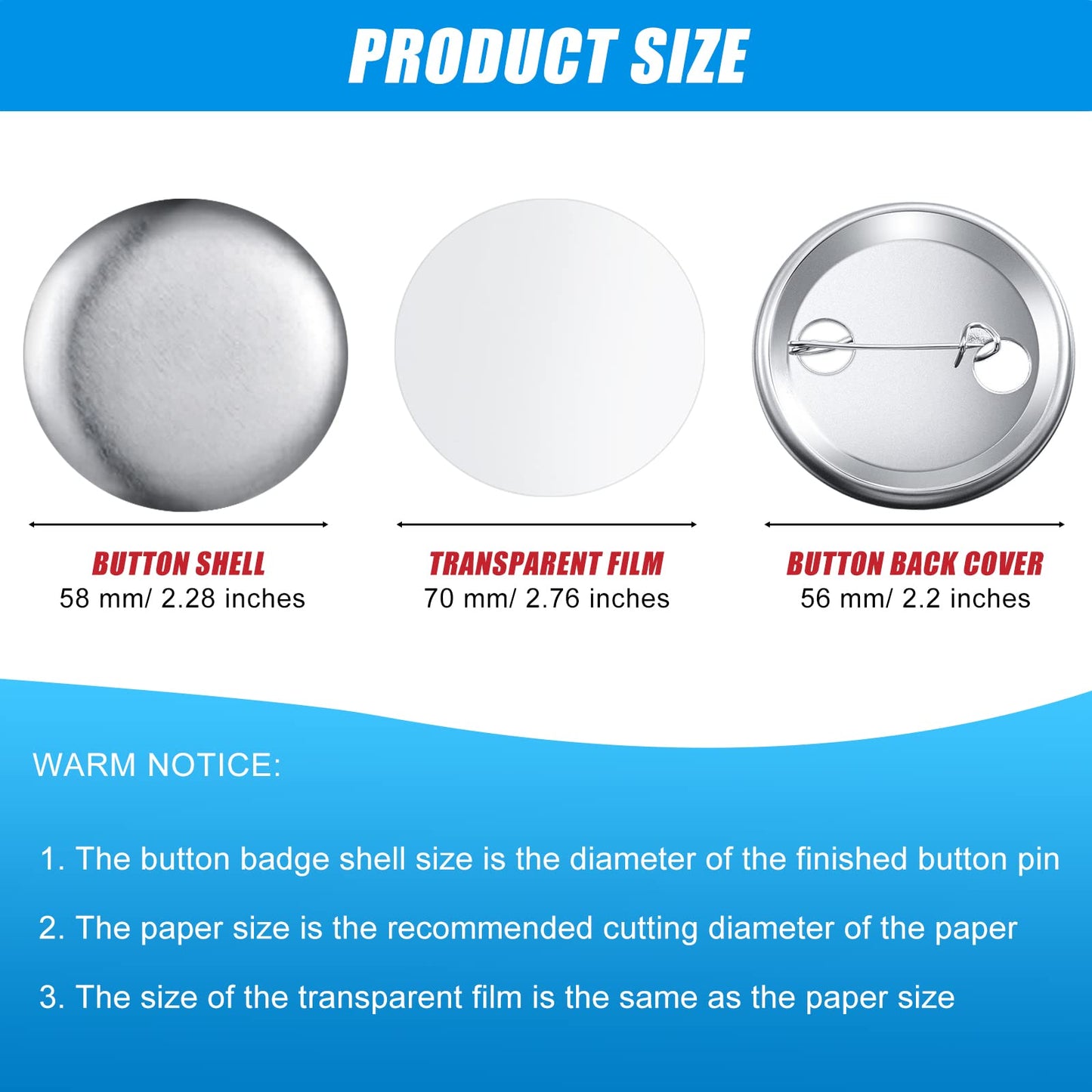 150 Pcs Blank Button Making Supplies Round Button Parts Metal Badge Sets for Badge Maker Machine, Include Metal Shells Back Cover Clear Film Components(58 mm/ 2.28 Inch,Silver)