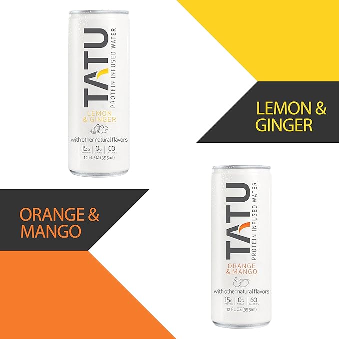 TATU Ready-To-Drink Protein Infused Water Orange Mango 4 Pack. 15 grams of whey protein isolate, 0 grams of sugar, only 60 calories. Lemon Ginger and Orange Mango. Gluten Free, lactose free.