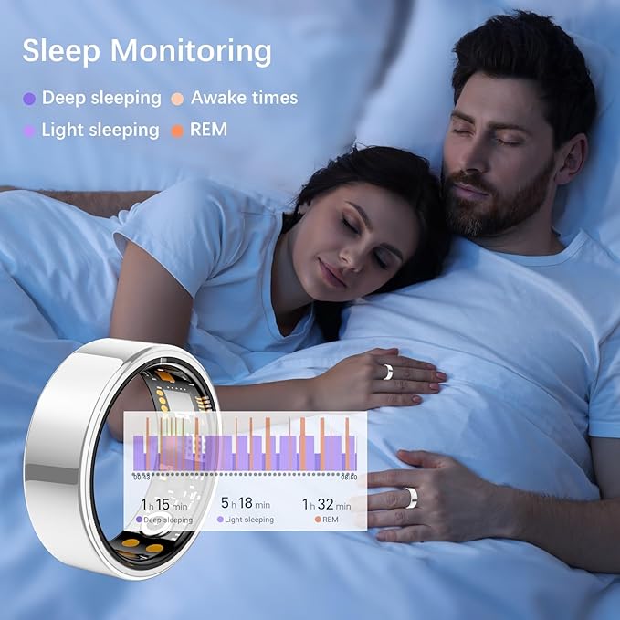 Ring Health Tracker for Women Men, Fit Ring with Heart Rate, Blood Oxygen, Sleep Monitor, Calories, Step Counter, IP68 Waterproof Smart Ring for iPhone & Android, No Subscription Fee (Silver, 12#)